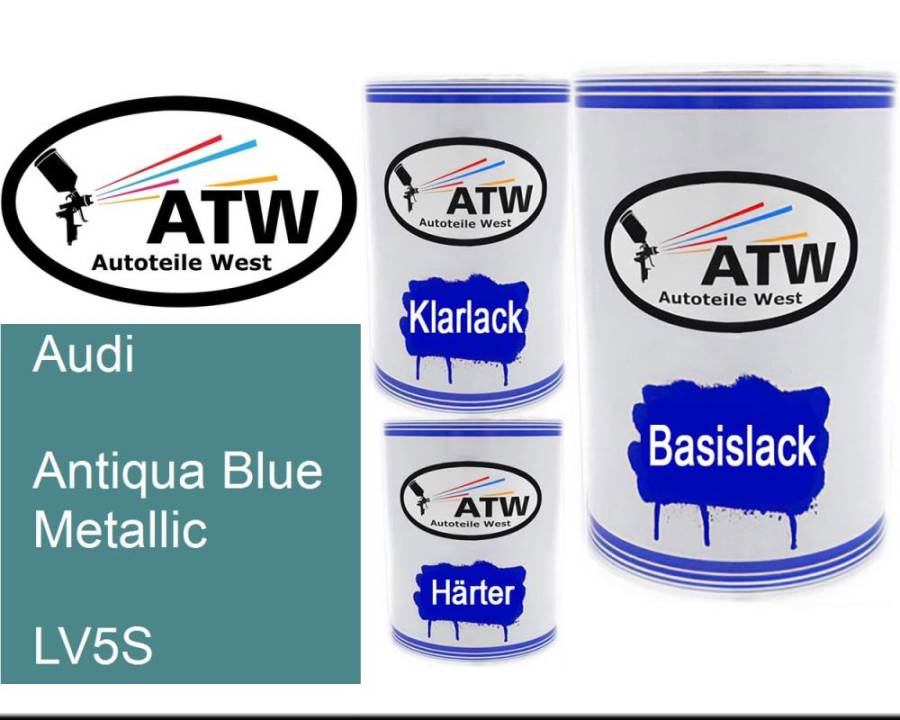 Audi, Antiqua Blue Metallic, LV5S: 500ml Lackdose + 500ml Klarlack + 250ml Härter - Set, von ATW Autoteile West.